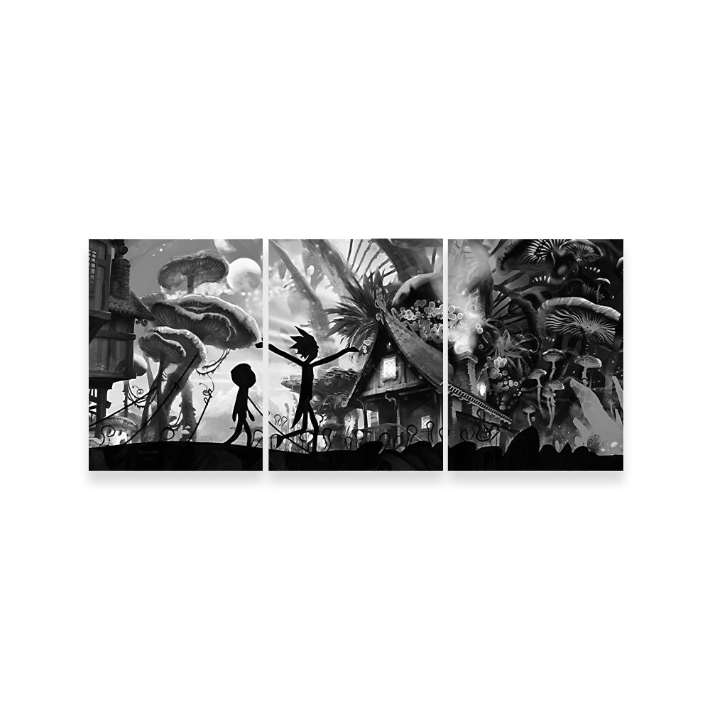 Mushroom World Rick and Morty Grayscale Wall Art