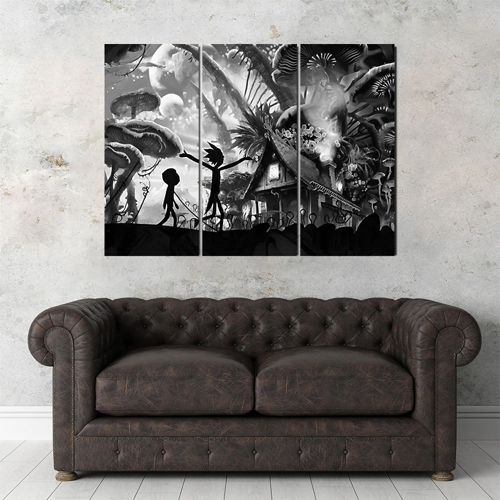 Mushroom World Rick and Morty Grayscale Wall Art