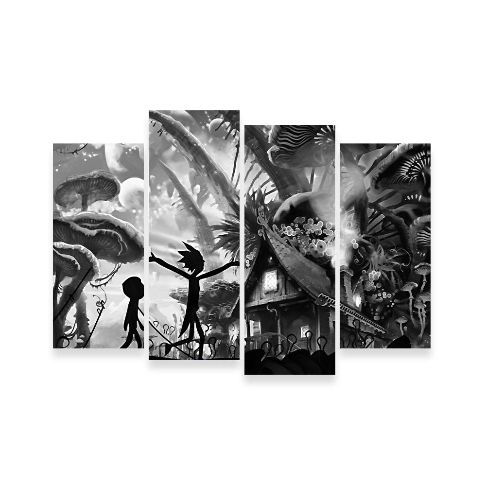 Mushroom World Rick and Morty Grayscale Wall Art
