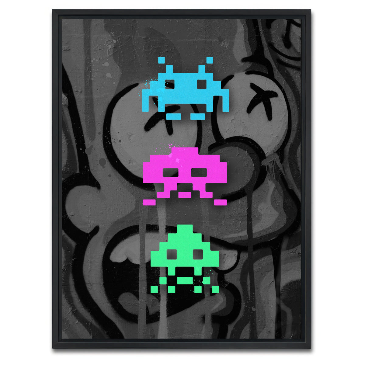 AUTO-MOCKUP WHITE | 3 space invaders graffiti | 1 Piece | Black Framed Canvas | group=3x4