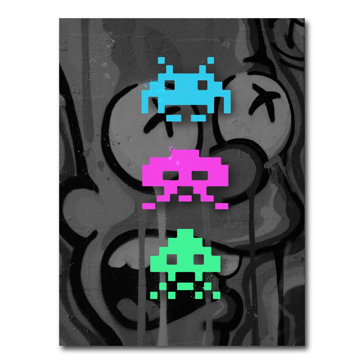 AUTO-MOCKUP WHITE | 3 space invaders graffiti | 1 Piece | Gallery Wrap Canvas | group=3x4