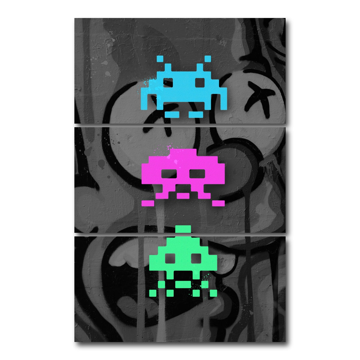 AUTO-MOCKUP WHITE | 3 space invaders graffiti | 3 Piece | Gallery Wrap Canvas | group=12x24_stacked