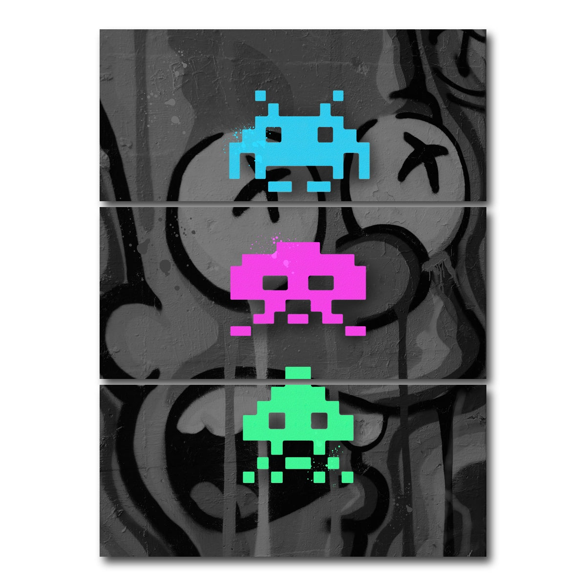 AUTO-MOCKUP WHITE | 3 space invaders graffiti | 3 Piece | Gallery Wrap Canvas | group=8x18_stacked