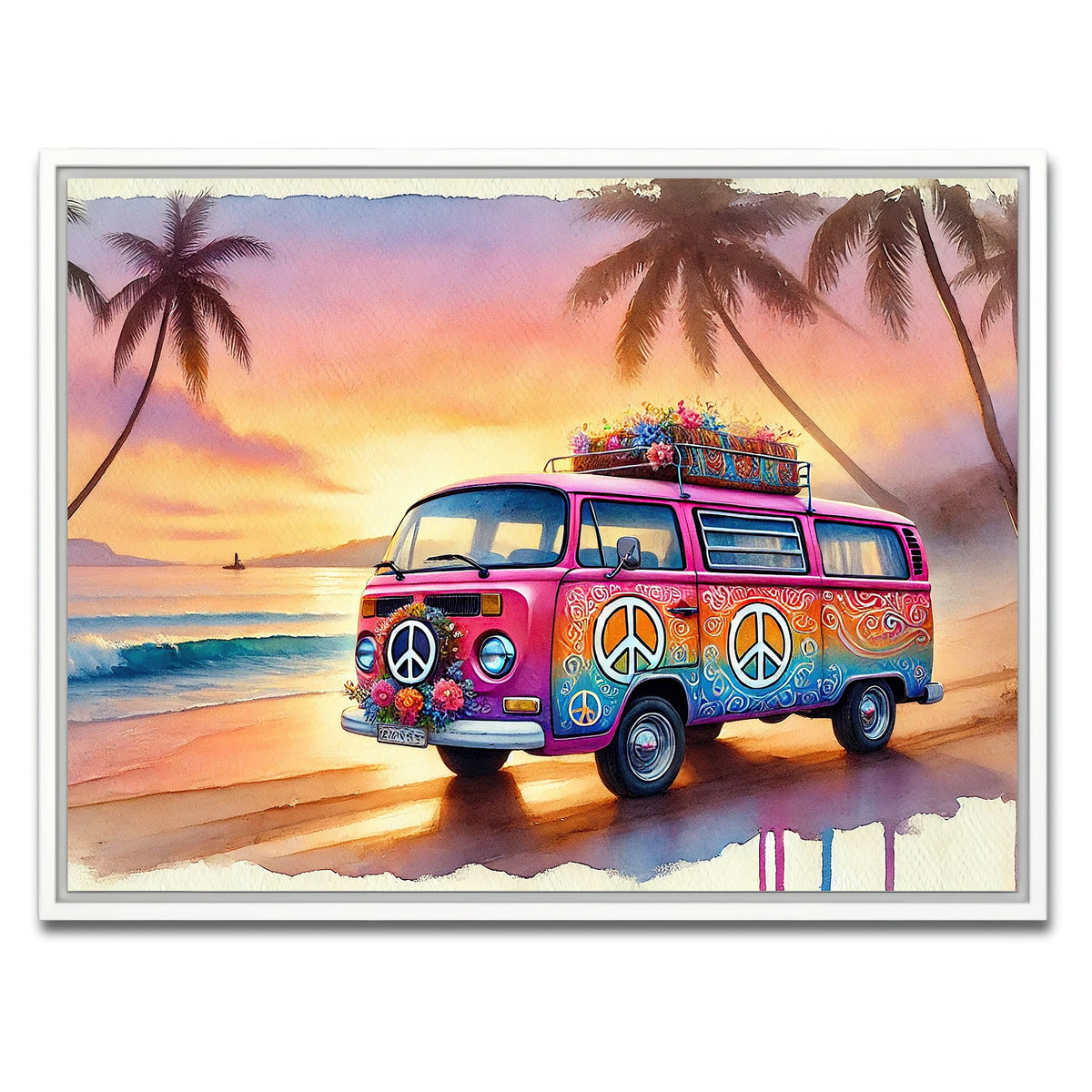 AUTO-MOCKUP WHITE | A Hippie Van on a Beach | 1 Piece | White Framed Canvas | group=4x3