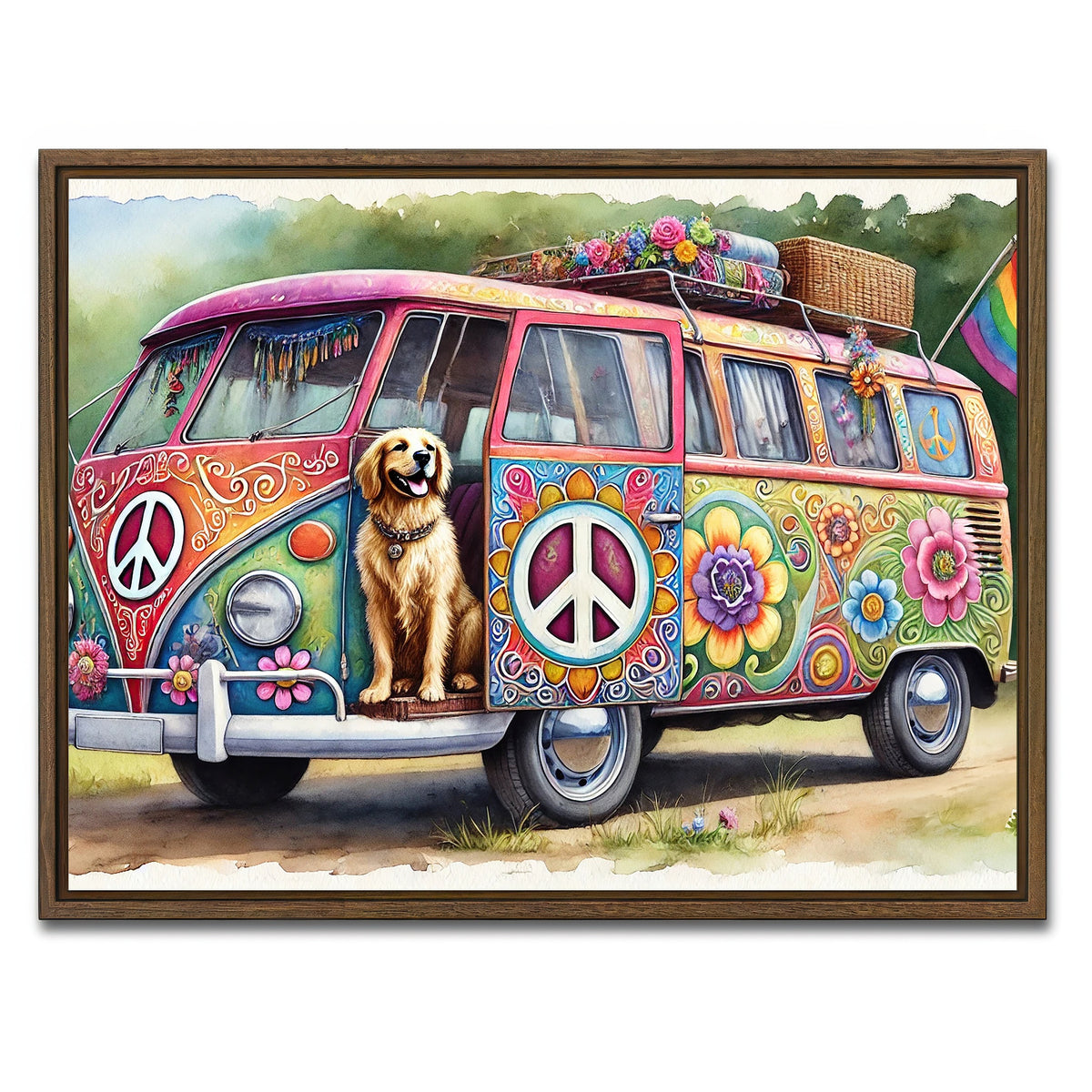 AUTO-MOCKUP WHITE | A Hippie Van with a Dog | 1 Piece | Walnut Framed Canvas | group=4x3