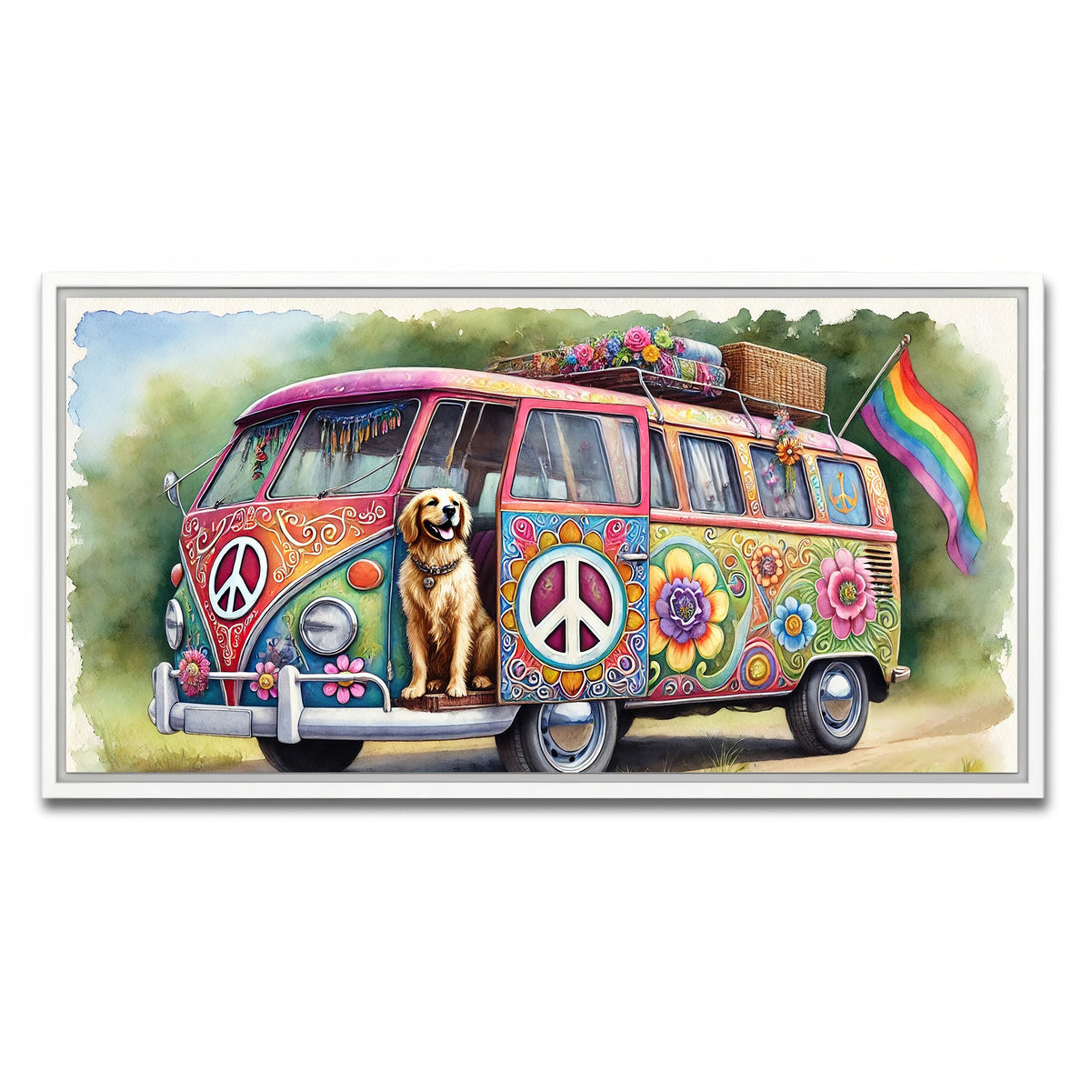 AUTO-MOCKUP WHITE | A Hippie Van with a Dog | 1 Piece | White Framed Canvas | group=2x1