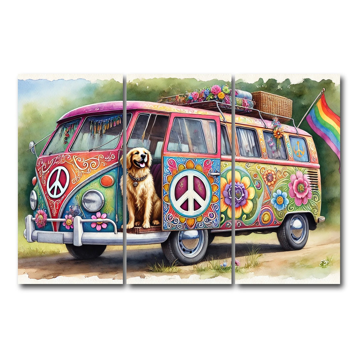 AUTO-MOCKUP WHITE | A Hippie Van with a Dog | 3 Piece | Gallery Wrap Canvas | group=12x24