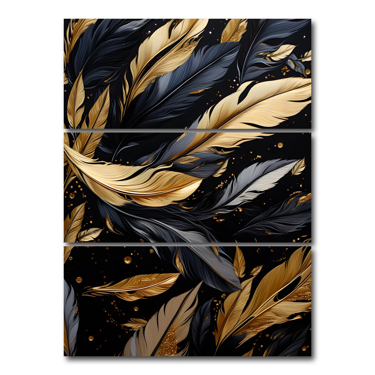 AUTO-MOCKUP WHITE | Abstract - Black gold feather 1 | 3 Piece | Gallery Wrap Canvas | group=8x18_stacked