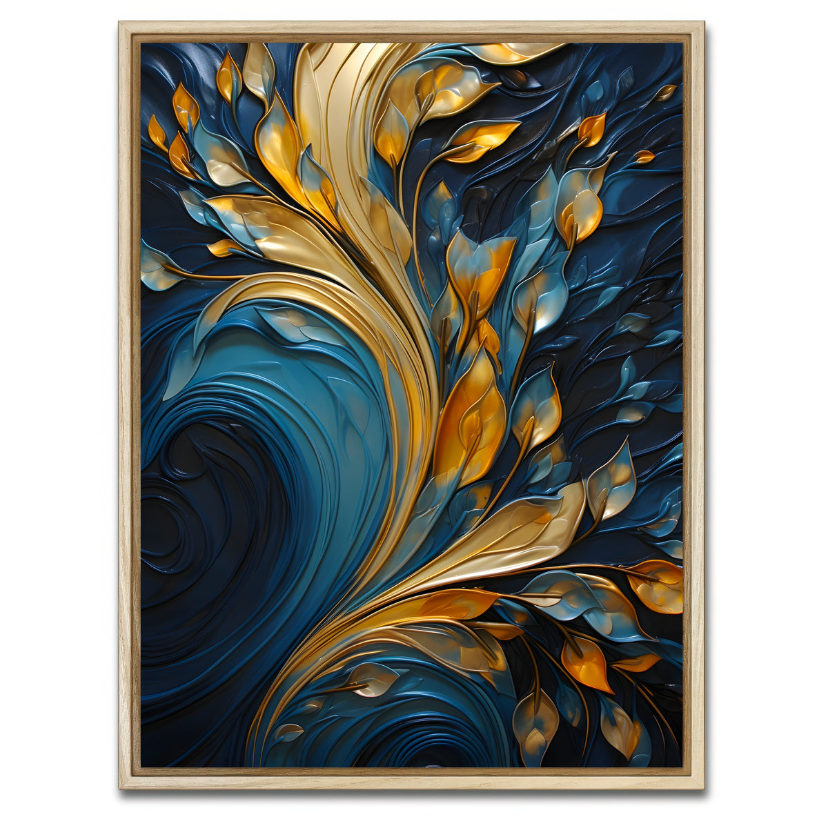 AUTO-MOCKUP WHITE | Abstract - Blue gold waves 26 | 1 Piece | Natural Framed Canvas | group=3x4