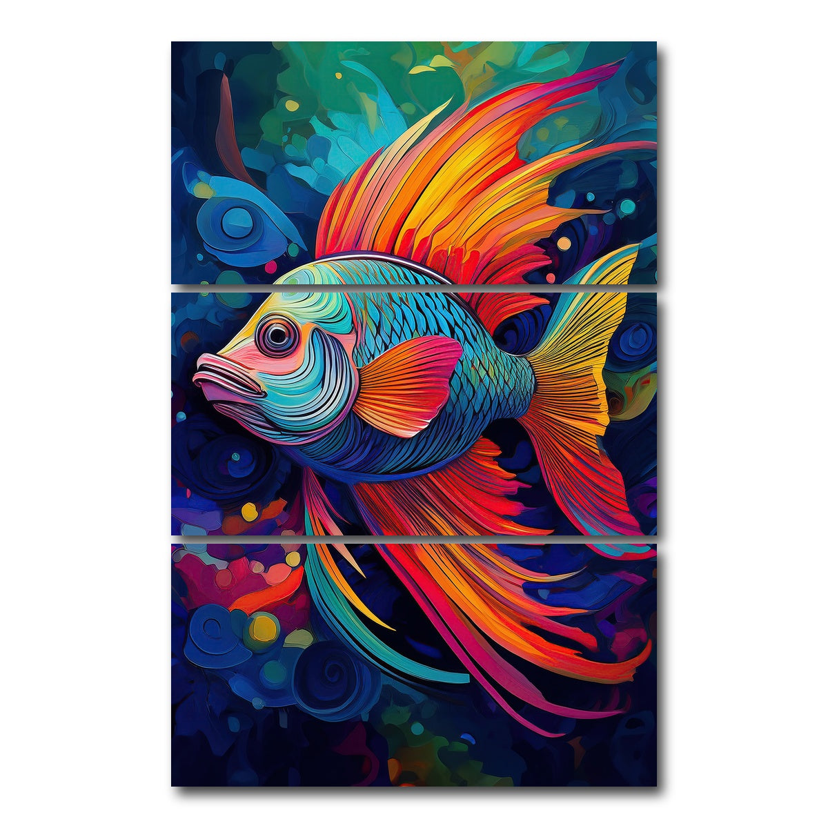 AUTO-MOCKUP WHITE | Abstract Fish Modern Art | 3 Piece | Gallery Wrap Canvas | group=12x24_stacked