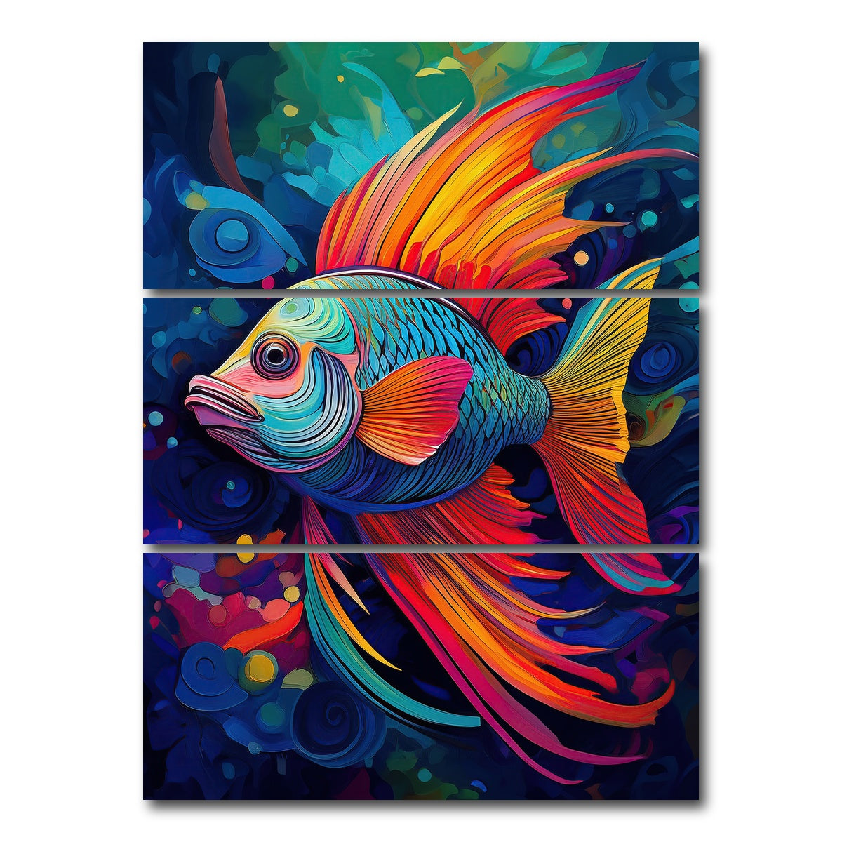 AUTO-MOCKUP WHITE | Abstract Fish Modern Art | 3 Piece | Gallery Wrap Canvas | group=8x18_stacked