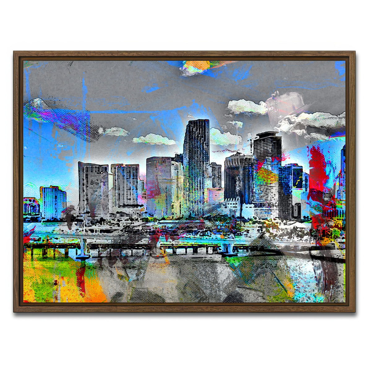 AUTO-MOCKUP WHITE | Abstract Miami Skyline | 1 Piece | Walnut Framed Canvas | group=4x3