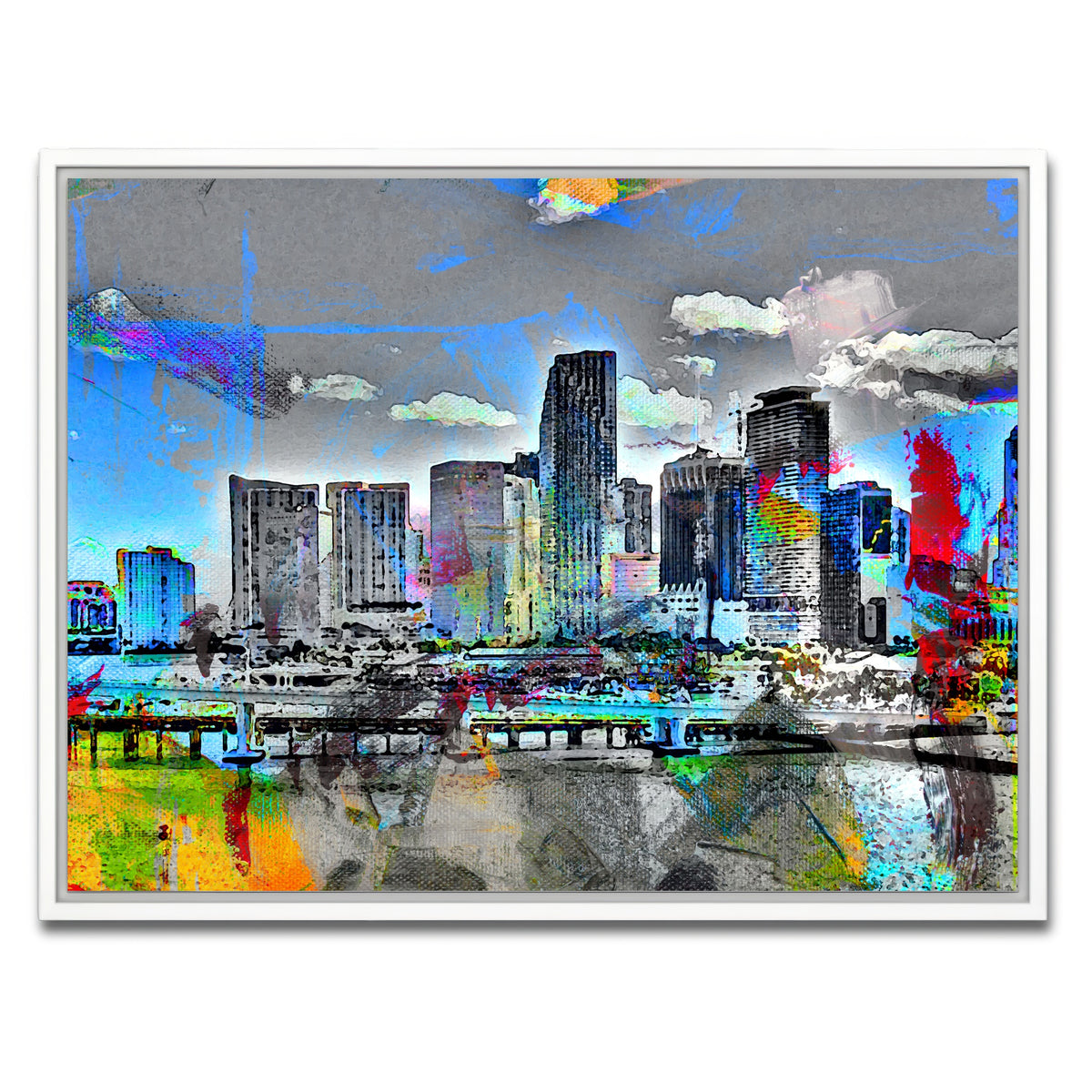 AUTO-MOCKUP WHITE | Abstract Miami Skyline | 1 Piece | White Framed Canvas | group=4x3