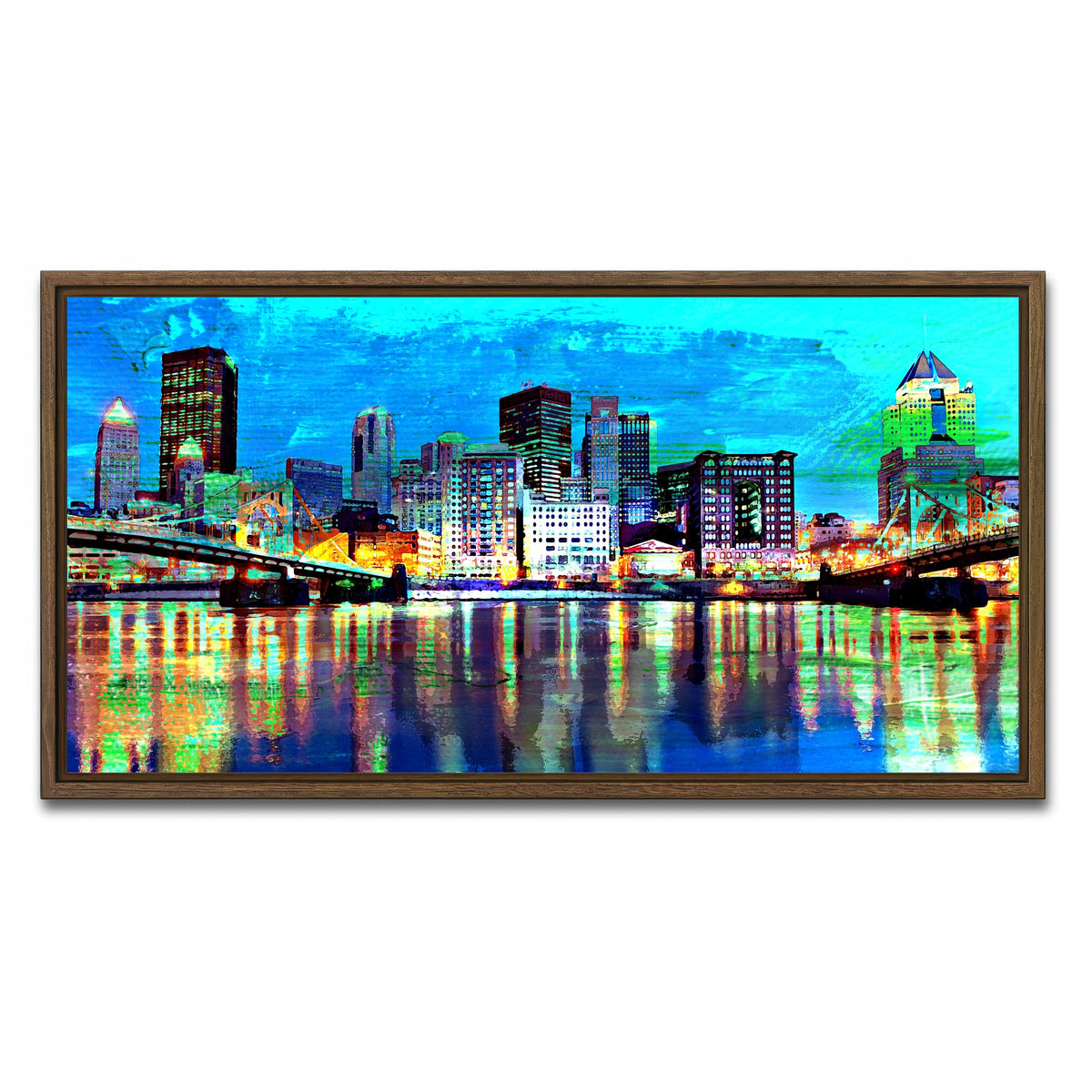 AUTO-MOCKUP WHITE | Abstract Pittsburgh At Night | 1 Piece | Walnut Framed Canvas | group=2x1