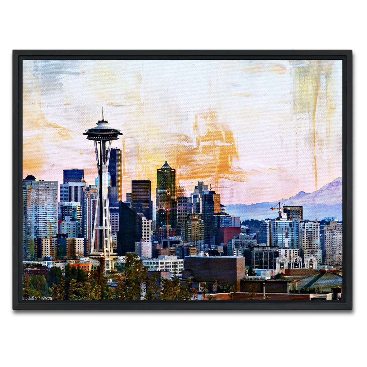 AUTO-MOCKUP WHITE | Abstract Seattle Skyline | 1 Piece | Black Framed Canvas | group=4x3