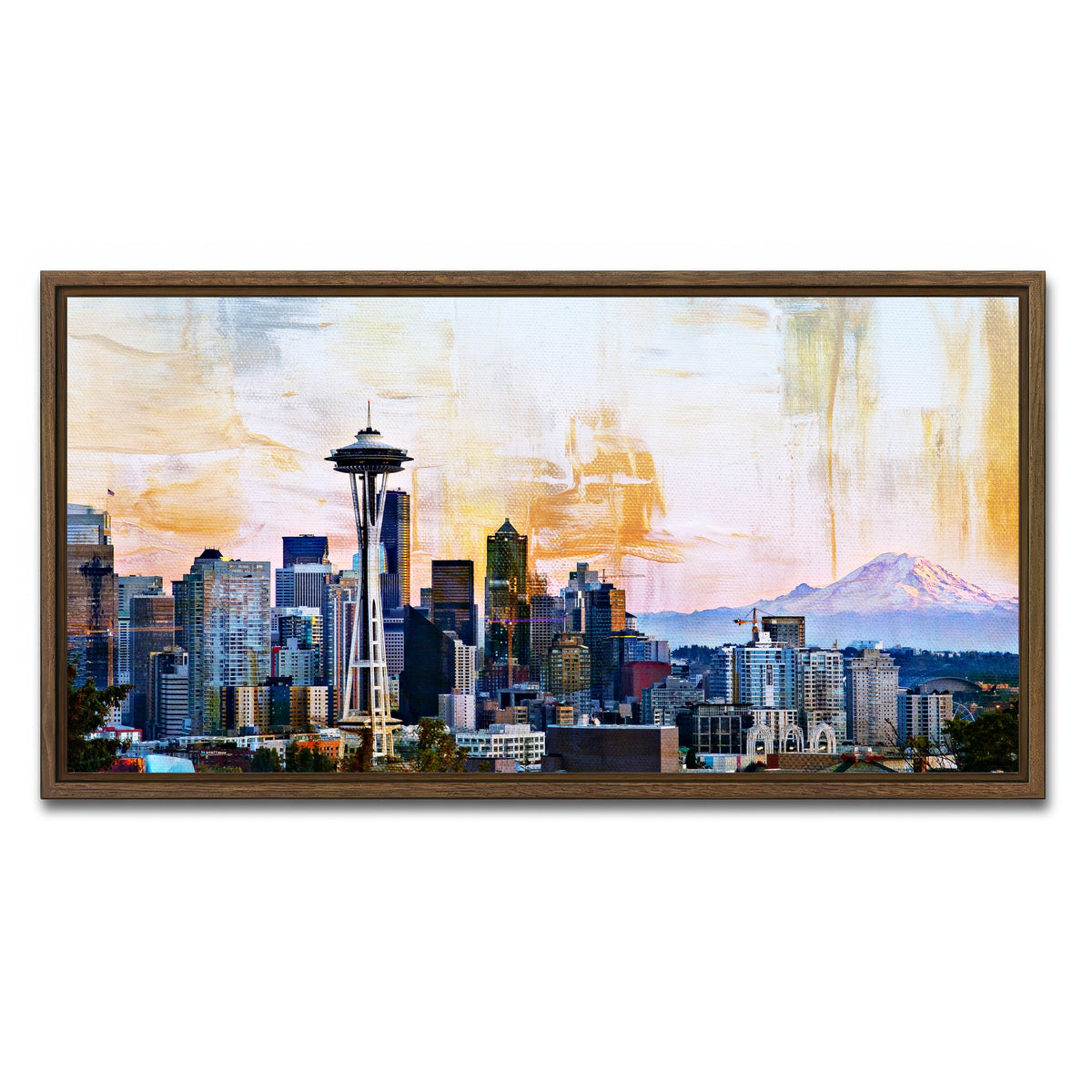 AUTO-MOCKUP WHITE | Abstract Seattle Skyline | 1 Piece | Walnut Framed Canvas | group=2x1