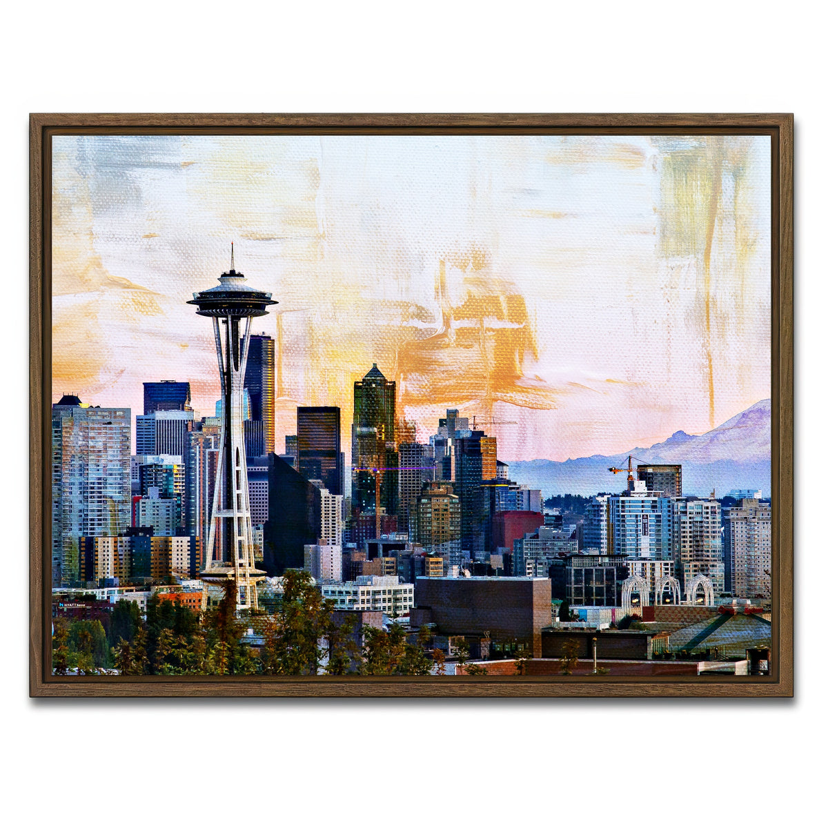 AUTO-MOCKUP WHITE | Abstract Seattle Skyline | 1 Piece | Walnut Framed Canvas | group=4x3