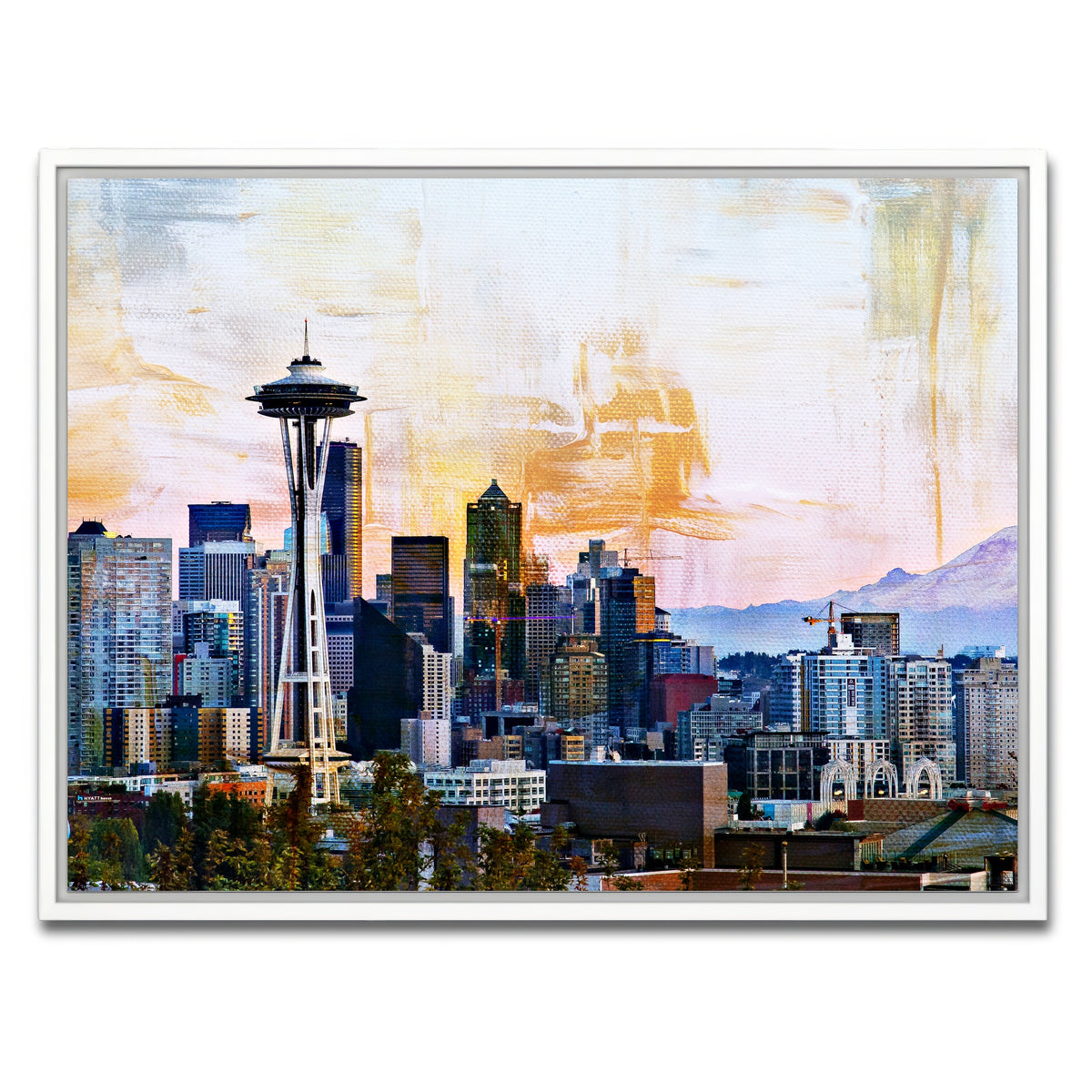 AUTO-MOCKUP WHITE | Abstract Seattle Skyline | 1 Piece | White Framed Canvas | group=4x3