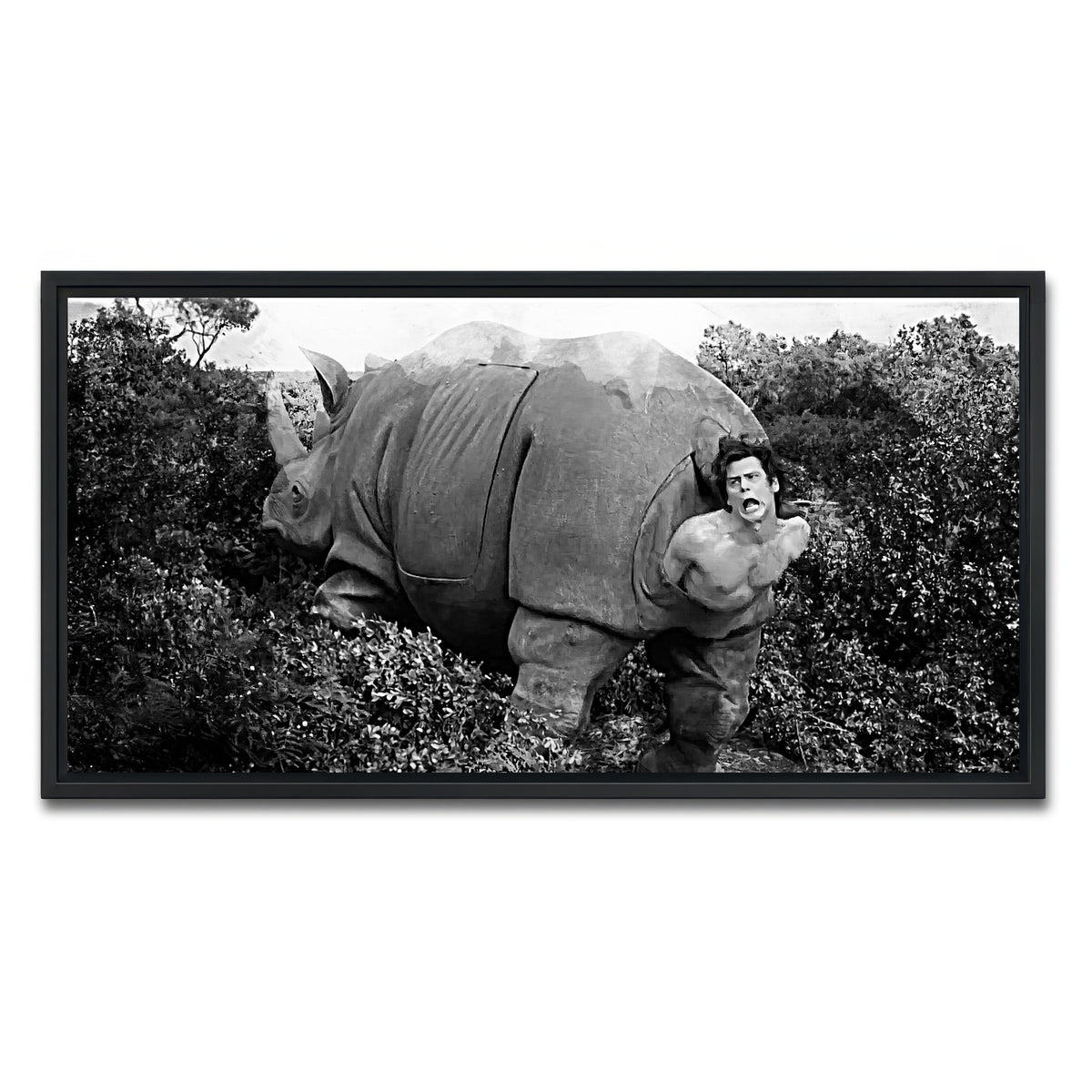 AUTO-MOCKUP WHITE | Ace Ventura Rhino Birth - Grayscale | 1 Piece | Black Framed Canvas | group=2x1