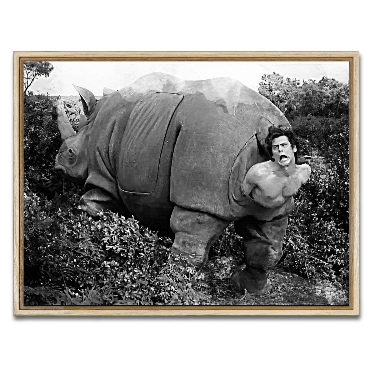AUTO-MOCKUP WHITE | Ace Ventura Rhino Birth - Grayscale | 1 Piece | Natural Framed Canvas | group=4x3