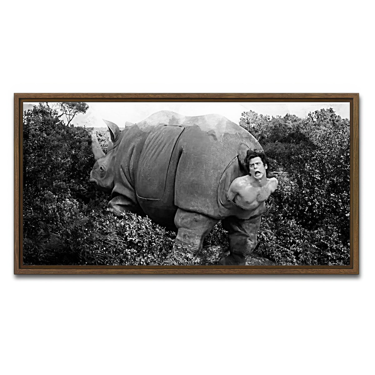 AUTO-MOCKUP WHITE | Ace Ventura Rhino Birth - Grayscale | 1 Piece | Walnut Framed Canvas | group=2x1