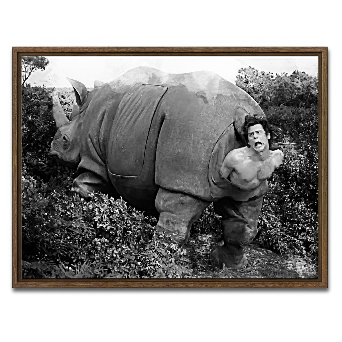 AUTO-MOCKUP WHITE | Ace Ventura Rhino Birth - Grayscale | 1 Piece | Walnut Framed Canvas | group=4x3