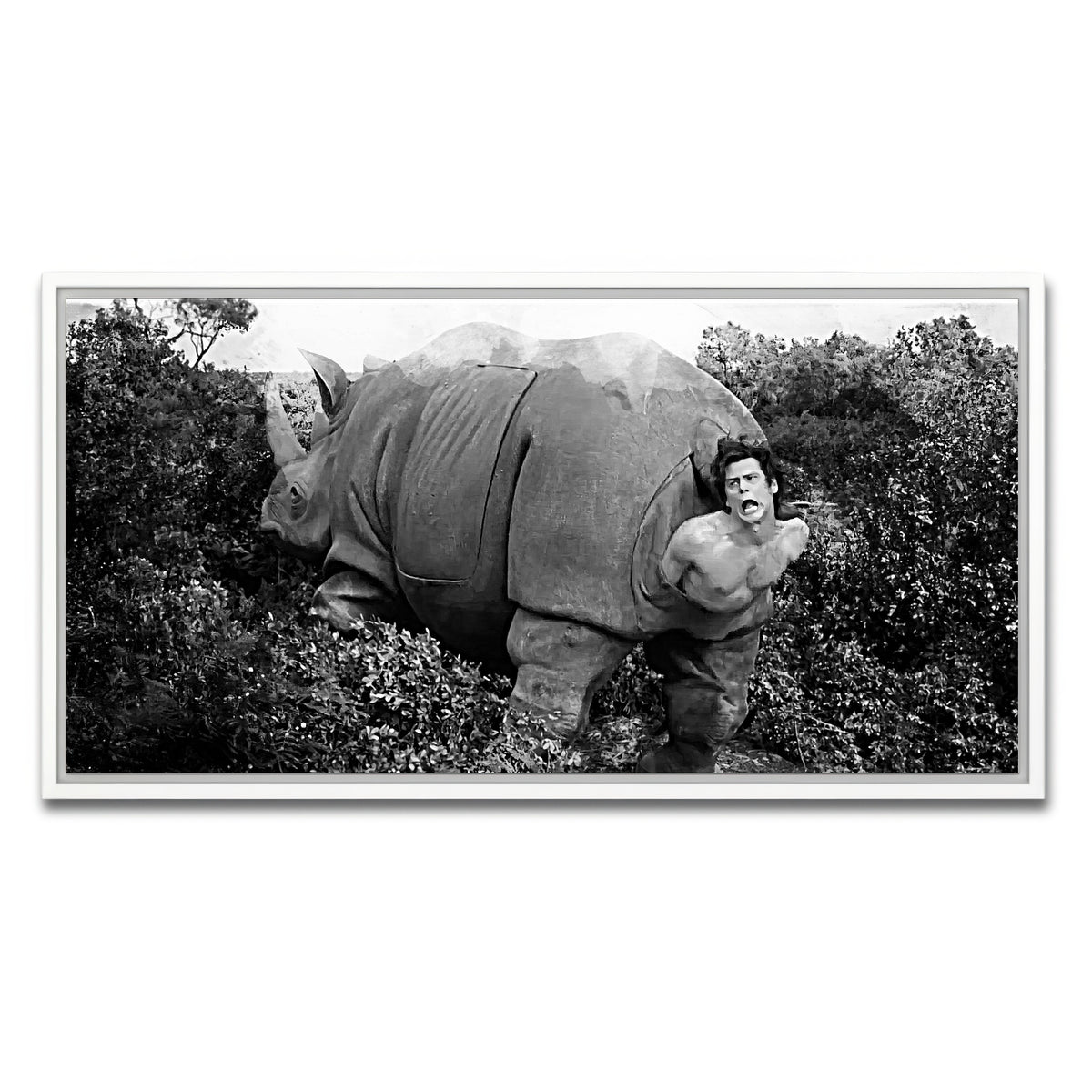 AUTO-MOCKUP WHITE | Ace Ventura Rhino Birth - Grayscale | 1 Piece | White Framed Canvas | group=2x1