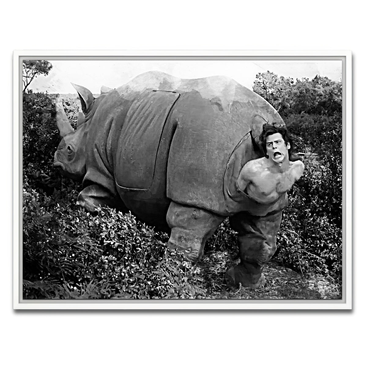AUTO-MOCKUP WHITE | Ace Ventura Rhino Birth - Grayscale | 1 Piece | White Framed Canvas | group=4x3