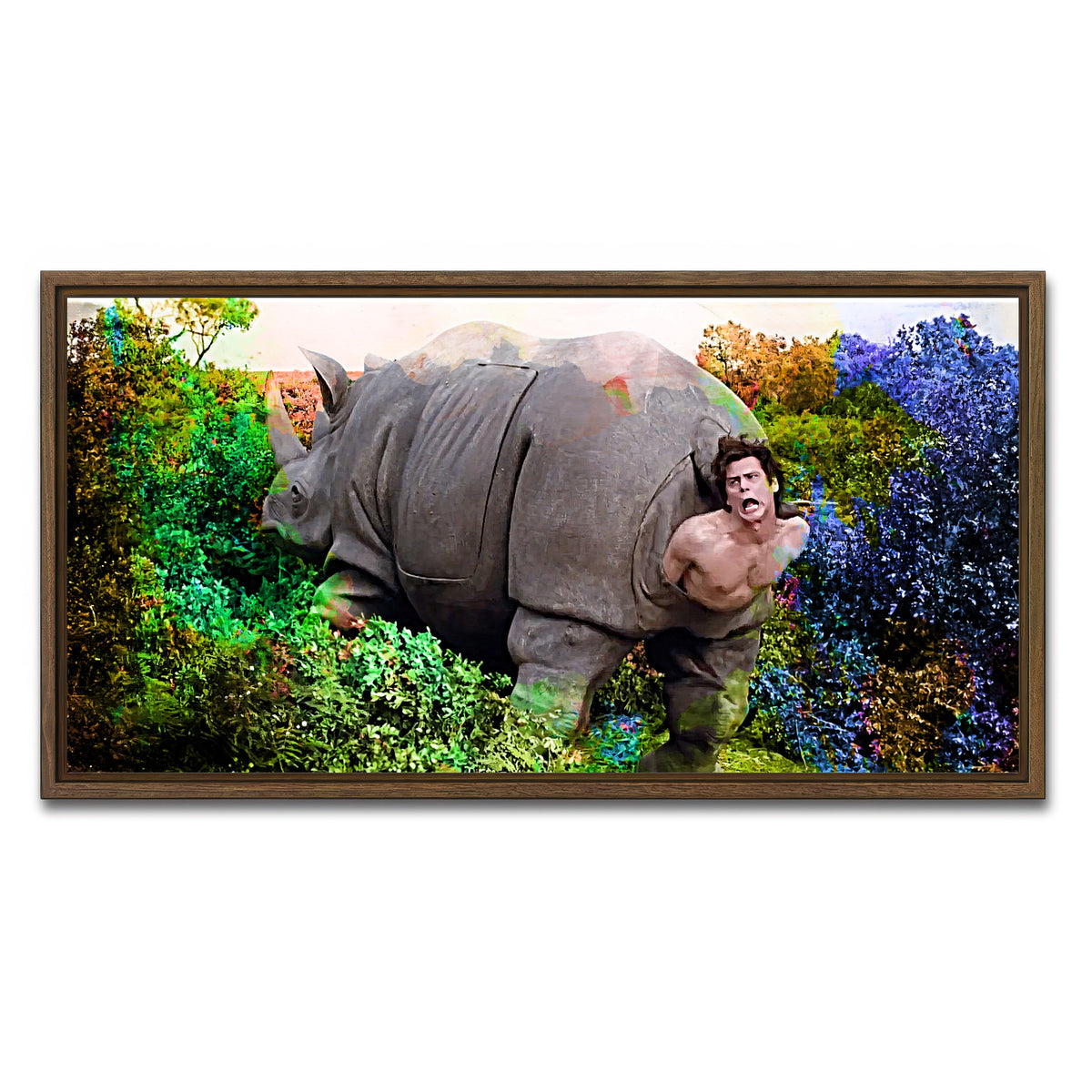 AUTO-MOCKUP WHITE | Ace Ventura Rhino Birth | 1 Piece | Walnut Framed Canvas | group=2x1