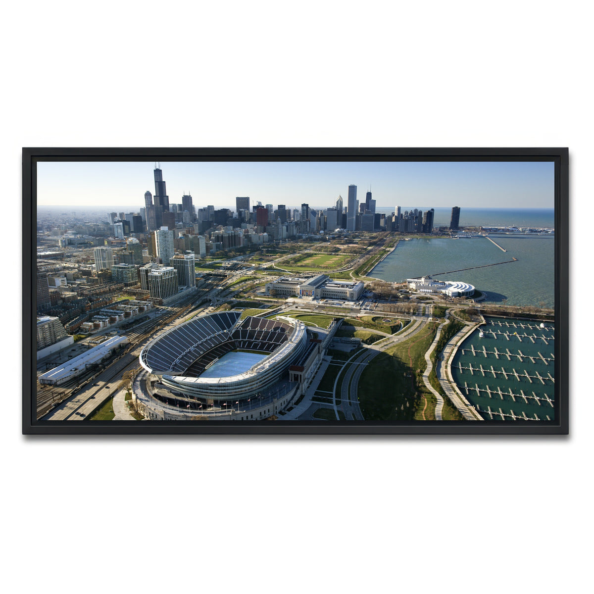 AUTO-MOCKUP WHITE | Aerial view of Chicago - Soldier Field | 1 Piece | Black Framed Canvas | group=2x1