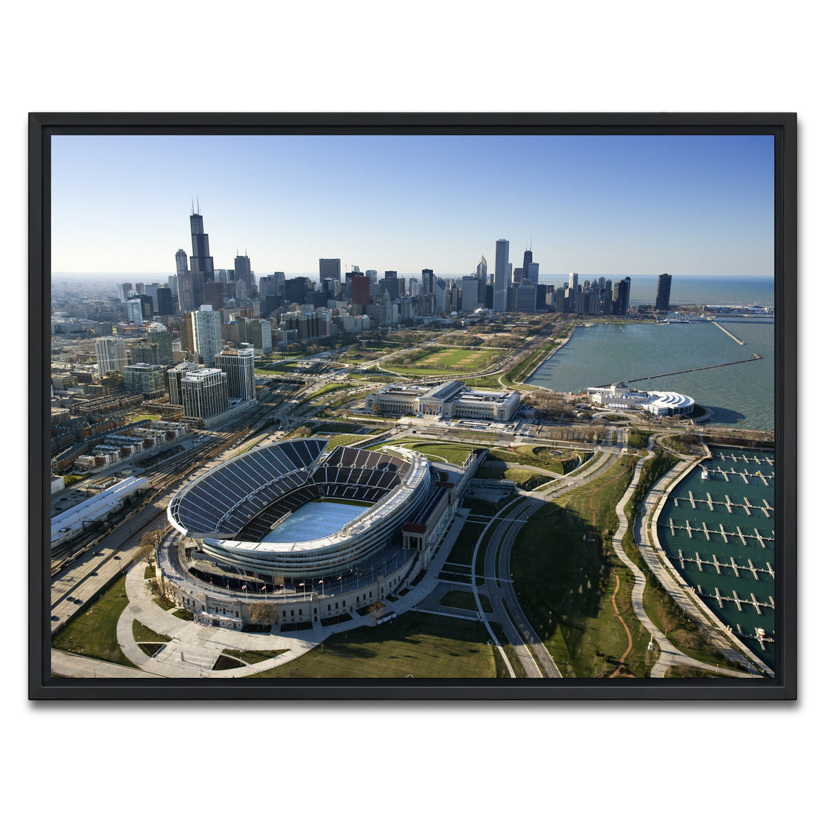 AUTO-MOCKUP WHITE | Aerial view of Chicago - Soldier Field | 1 Piece | Black Framed Canvas | group=4x3