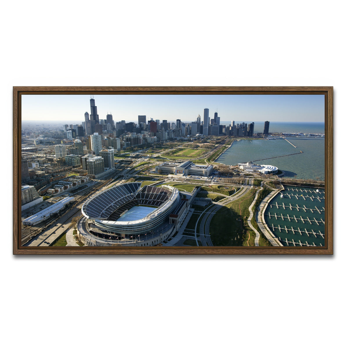 AUTO-MOCKUP WHITE | Aerial view of Chicago - Soldier Field | 1 Piece | Walnut Framed Canvas | group=2x1