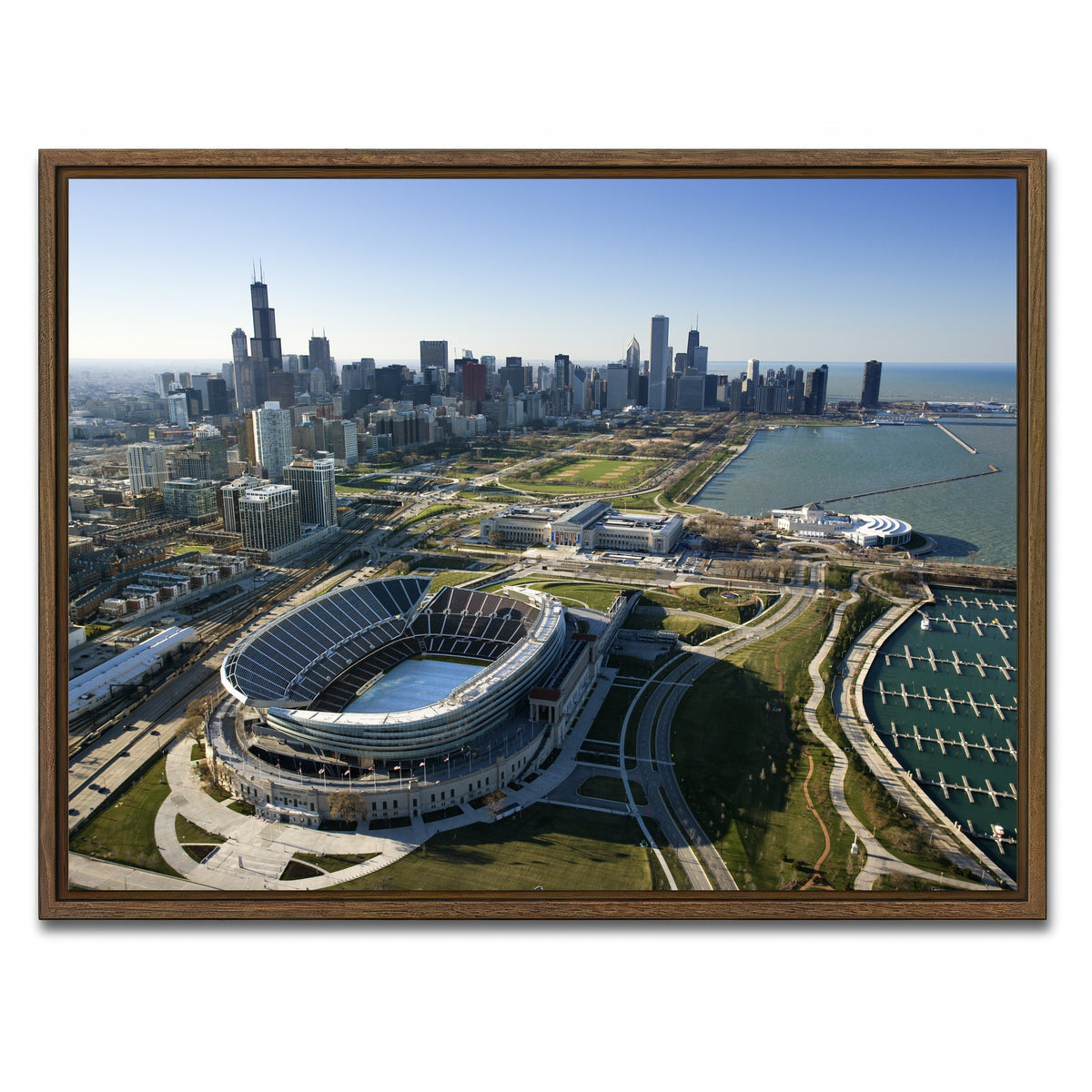 AUTO-MOCKUP WHITE | Aerial view of Chicago - Soldier Field | 1 Piece | Walnut Framed Canvas | group=4x3