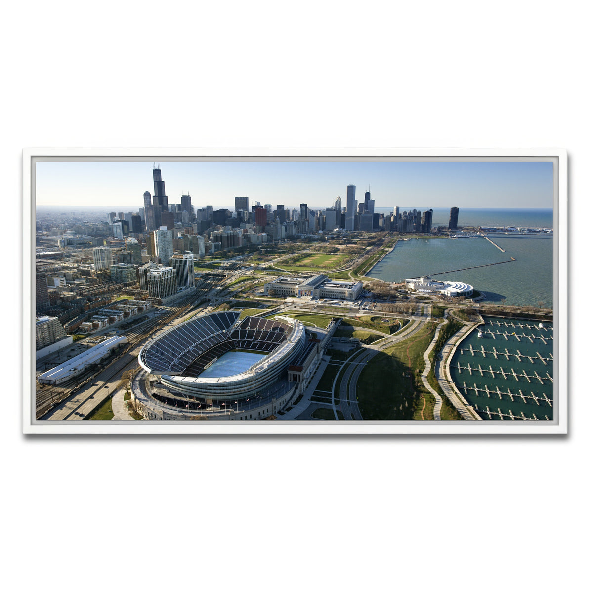 AUTO-MOCKUP WHITE | Aerial view of Chicago - Soldier Field | 1 Piece | White Framed Canvas | group=2x1