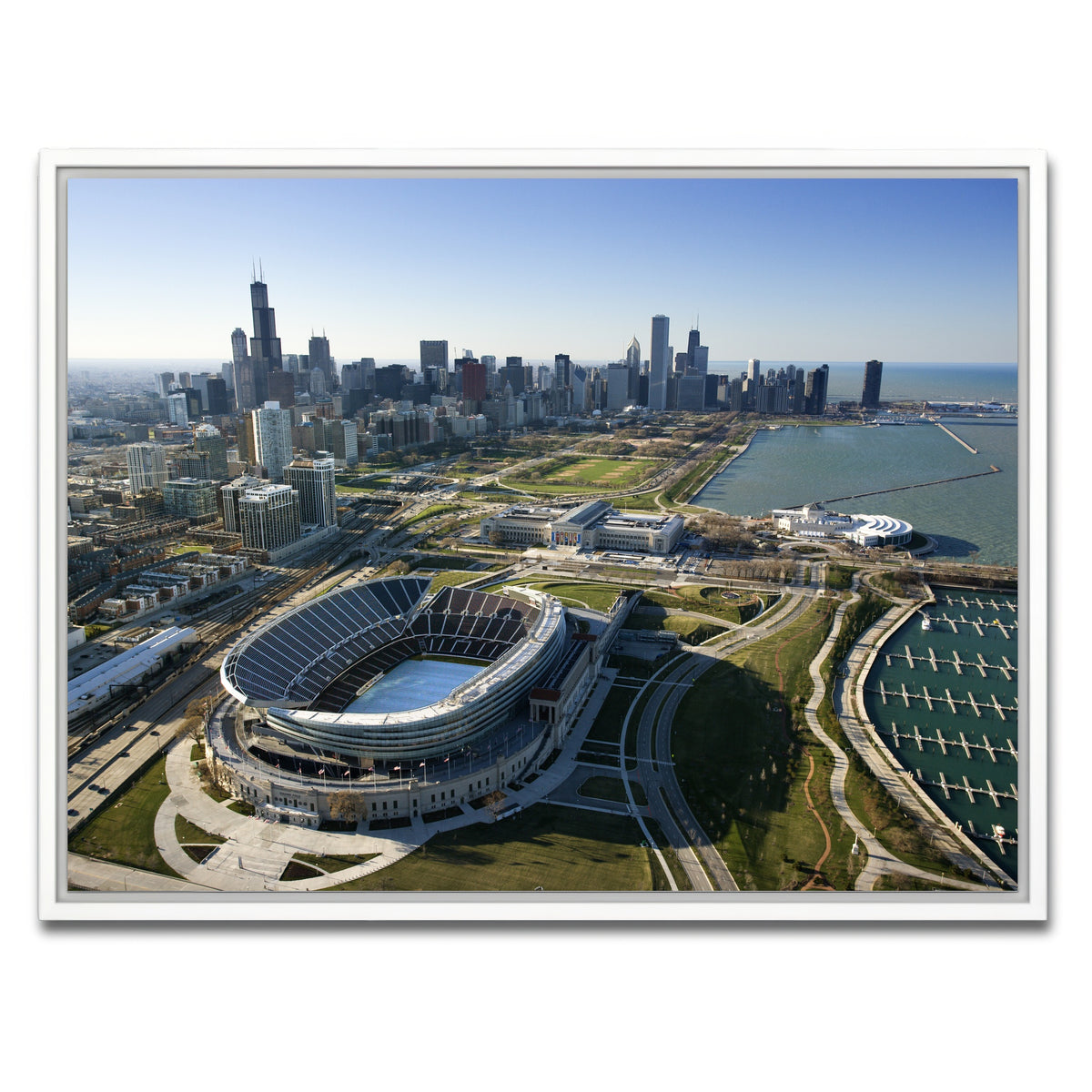 AUTO-MOCKUP WHITE | Aerial view of Chicago - Soldier Field | 1 Piece | White Framed Canvas | group=4x3