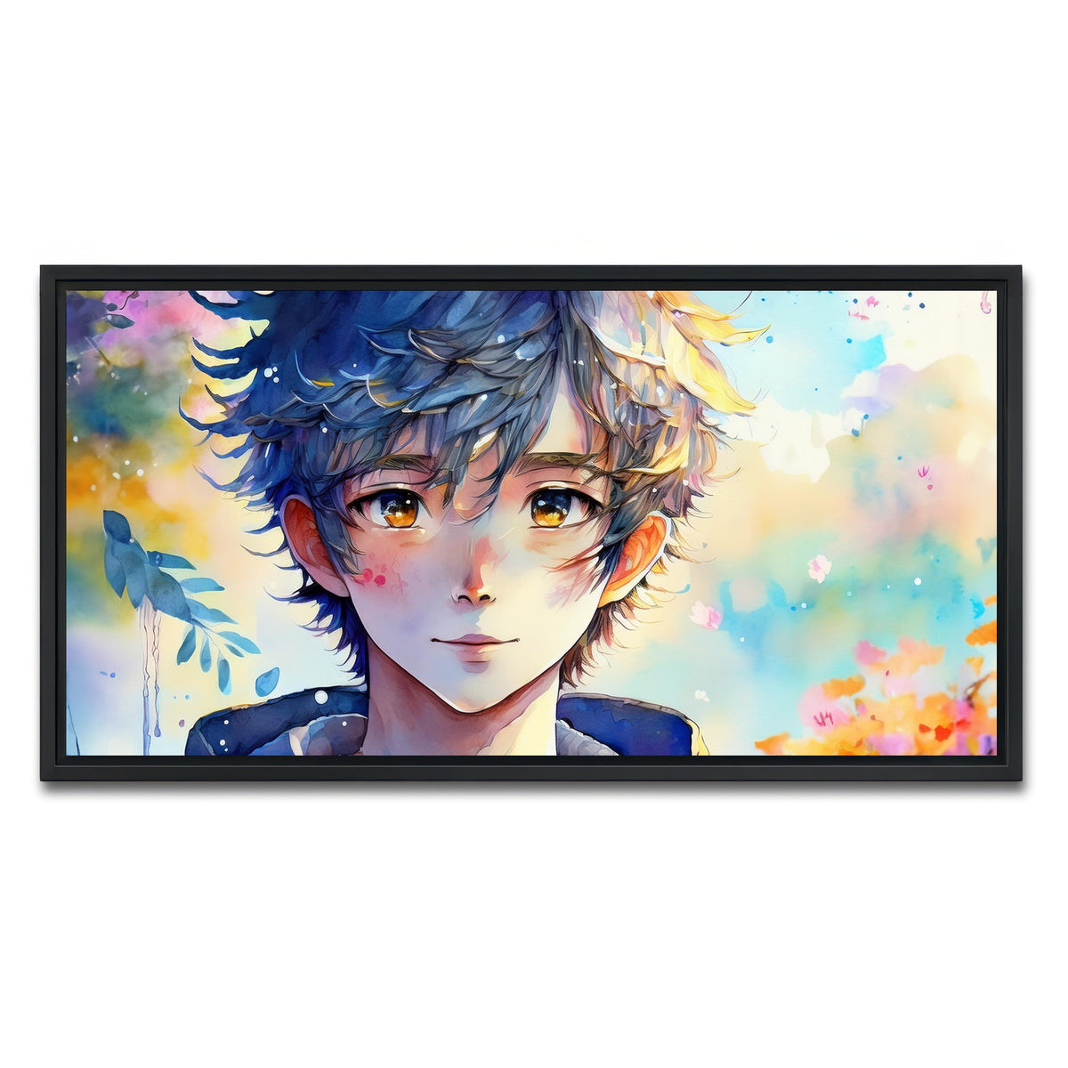 AUTO-MOCKUP WHITE | Anime Boy Watercolor | 1 Piece | Black Framed Canvas | group=2x1
