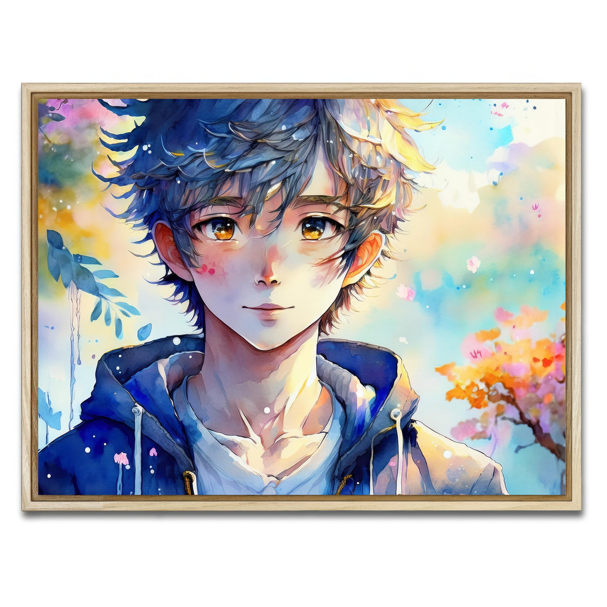 AUTO-MOCKUP WHITE | Anime Boy Watercolor | 1 Piece | Natural Framed Canvas | group=4x3