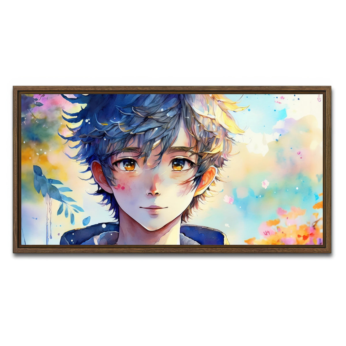 AUTO-MOCKUP WHITE | Anime Boy Watercolor | 1 Piece | Walnut Framed Canvas | group=2x1