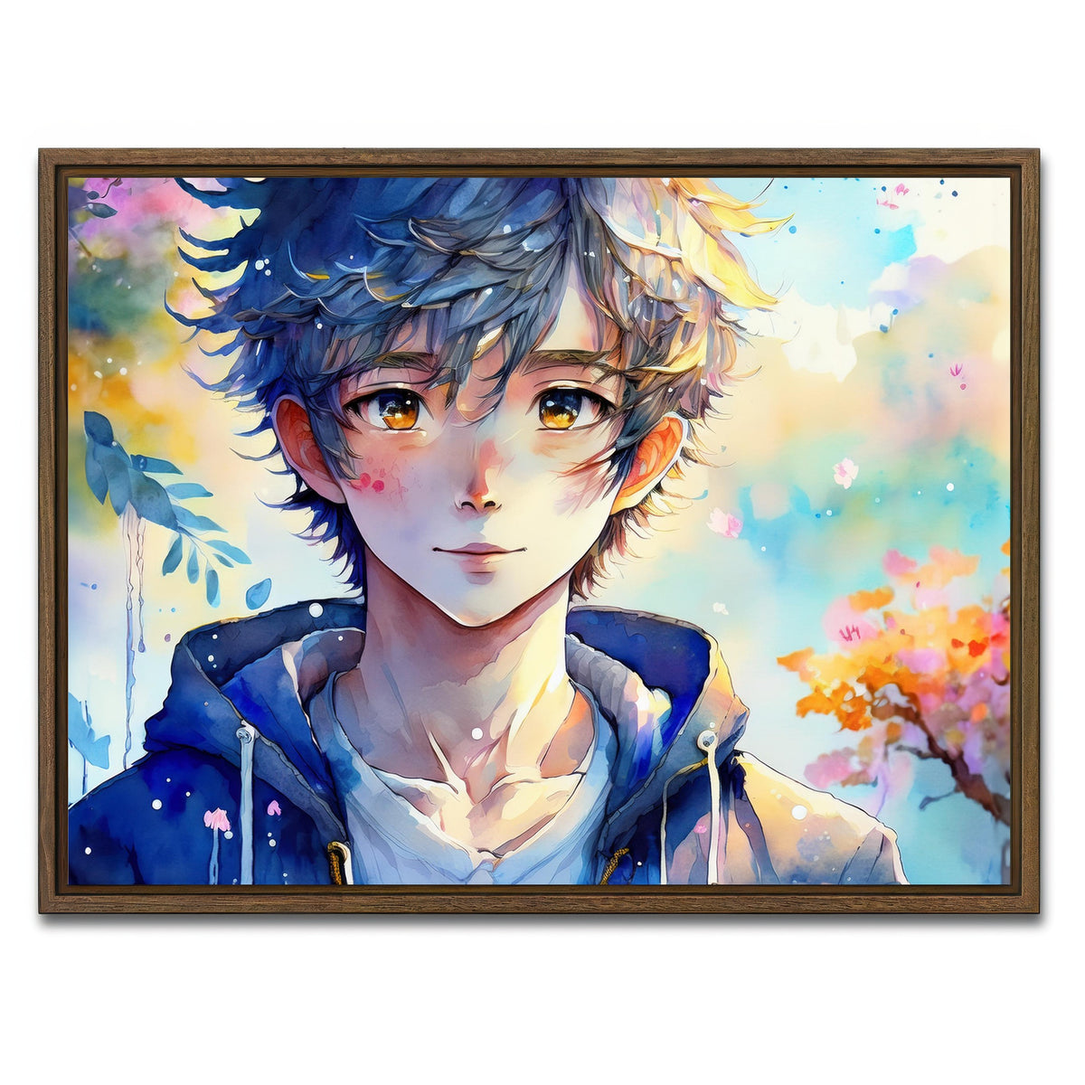 AUTO-MOCKUP WHITE | Anime Boy Watercolor | 1 Piece | Walnut Framed Canvas | group=4x3