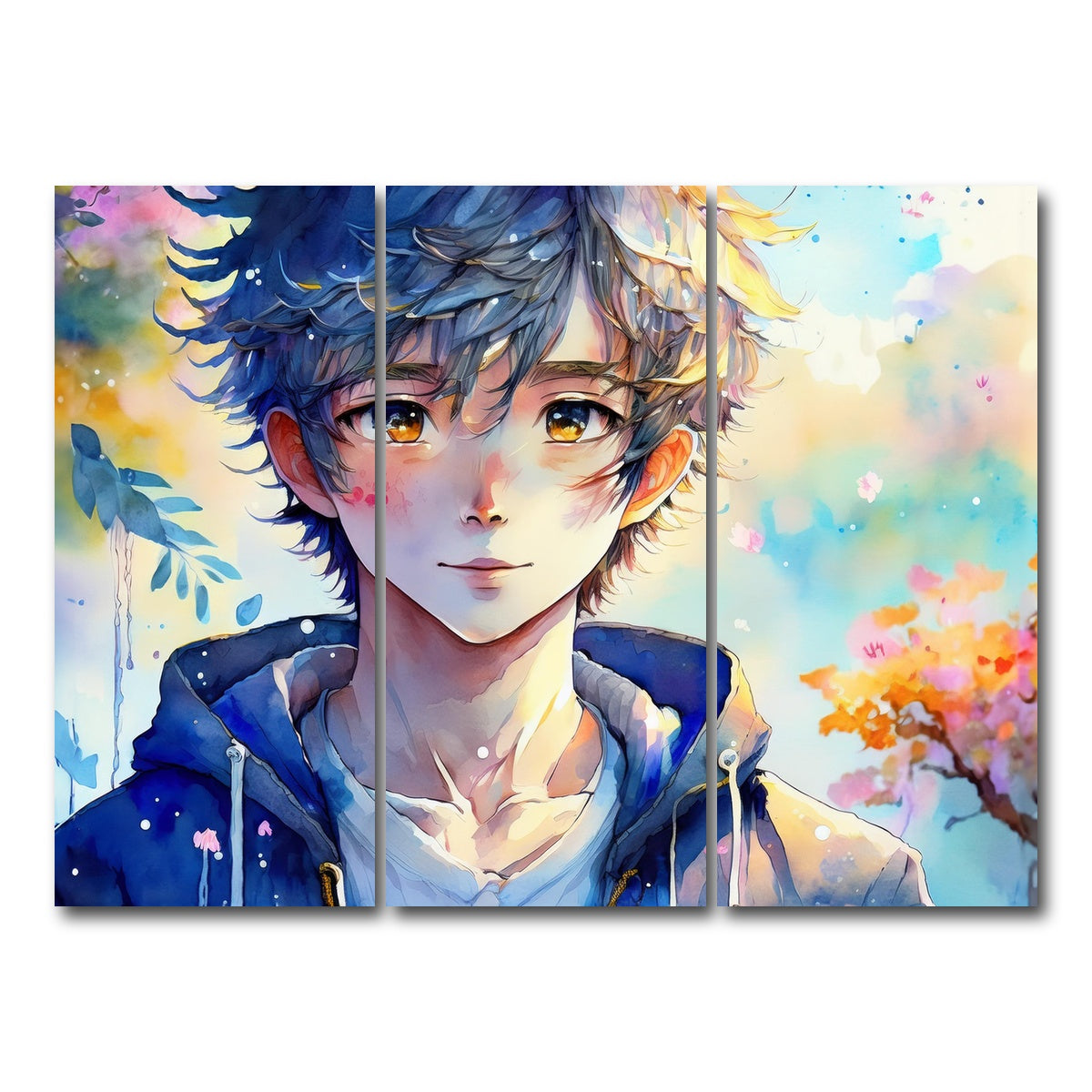 AUTO-MOCKUP WHITE | Anime Boy Watercolor | 3 Piece | Gallery Wrap Canvas | group=8x18