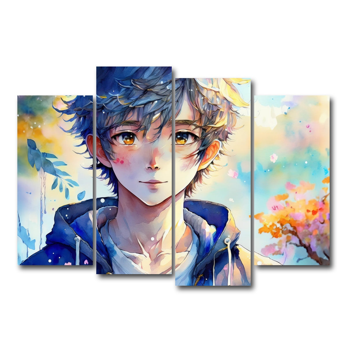AUTO-MOCKUP WHITE | Anime Boy Watercolor | 4 Piece | Gallery Wrap Canvas | group=4_normal