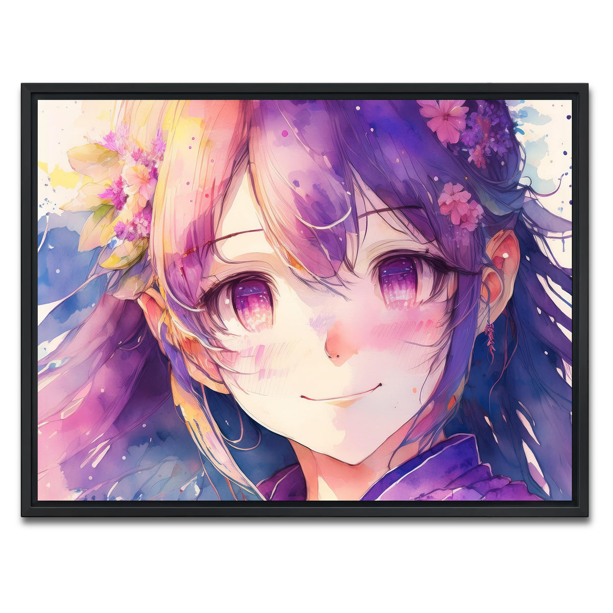 AUTO-MOCKUP WHITE | Anime Girl Watercolor | 1 Piece | Black Framed Canvas | group=4x3