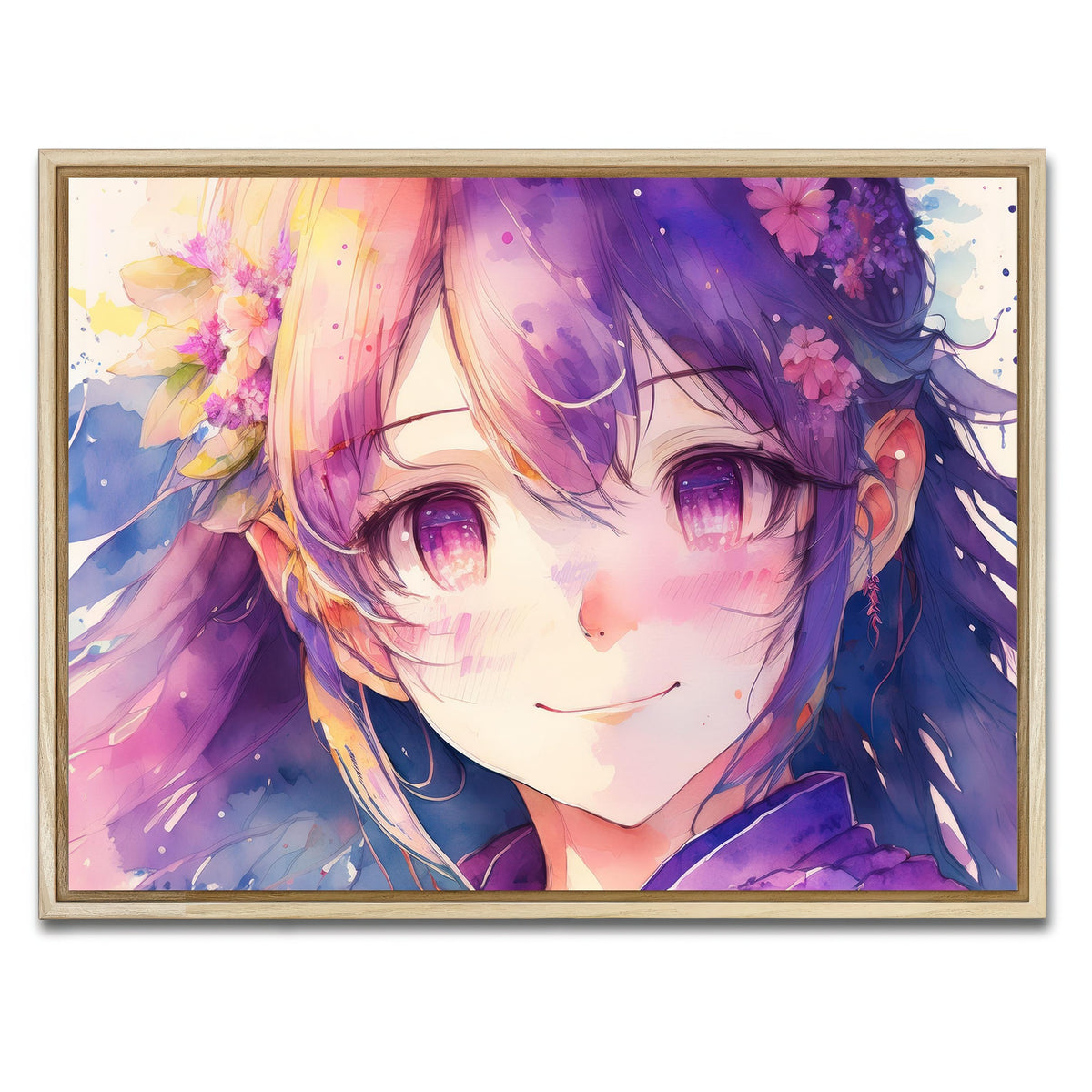 AUTO-MOCKUP WHITE | Anime Girl Watercolor | 1 Piece | Natural Framed Canvas | group=4x3