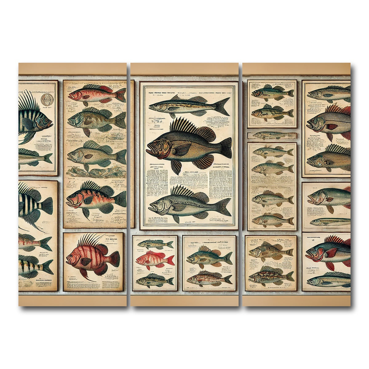 AUTO-MOCKUP WHITE | Antique fish illustrations | 3 Piece | Gallery Wrap Canvas | group=8x18