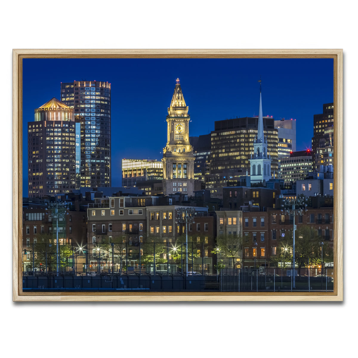 AUTO-MOCKUP WHITE | BOSTON Evening Skyline of North End & Financial District | 1 Piece | Natural Framed Canvas | group=4x3