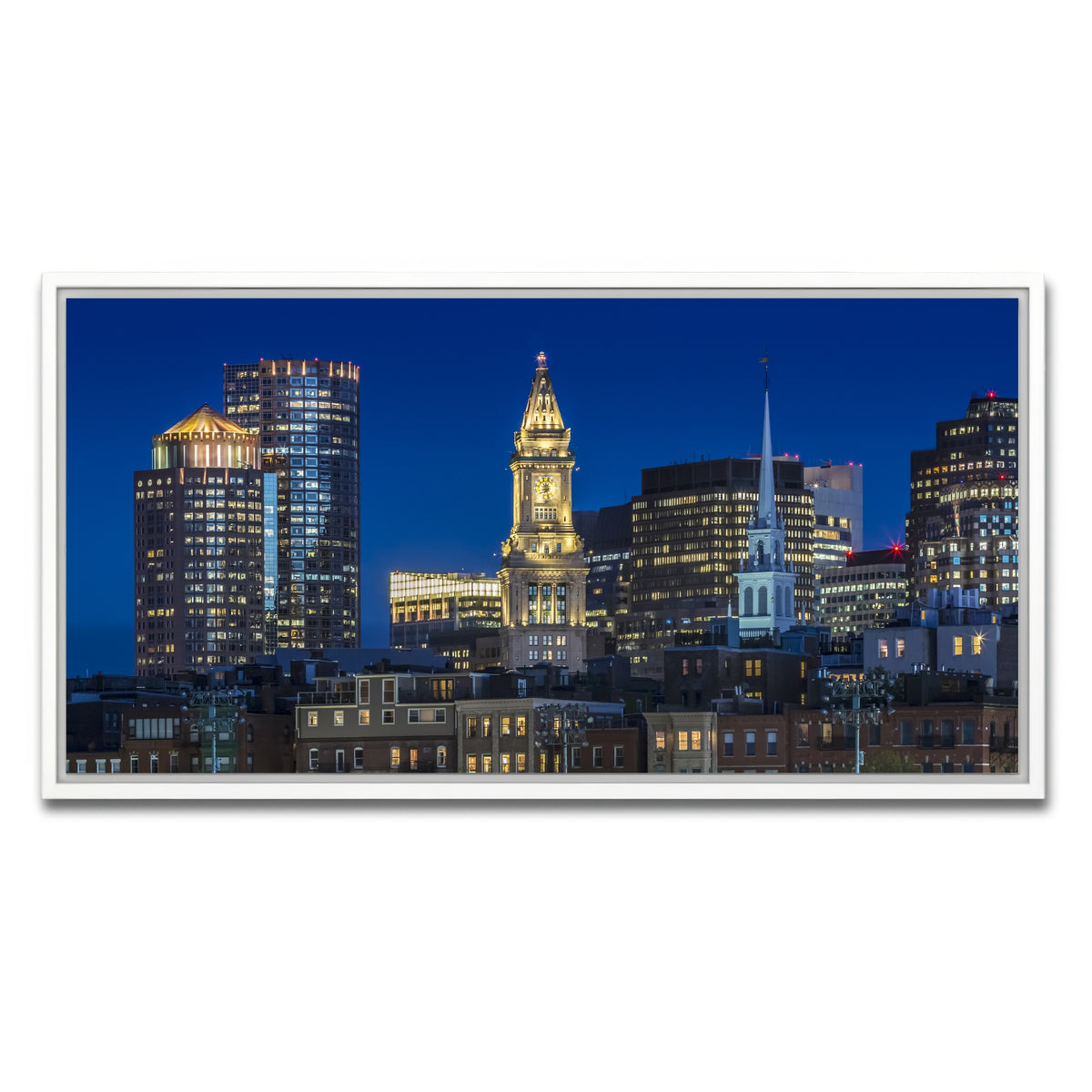 AUTO-MOCKUP WHITE | BOSTON Evening Skyline of North End & Financial District | 1 Piece | White Framed Canvas | group=2x1