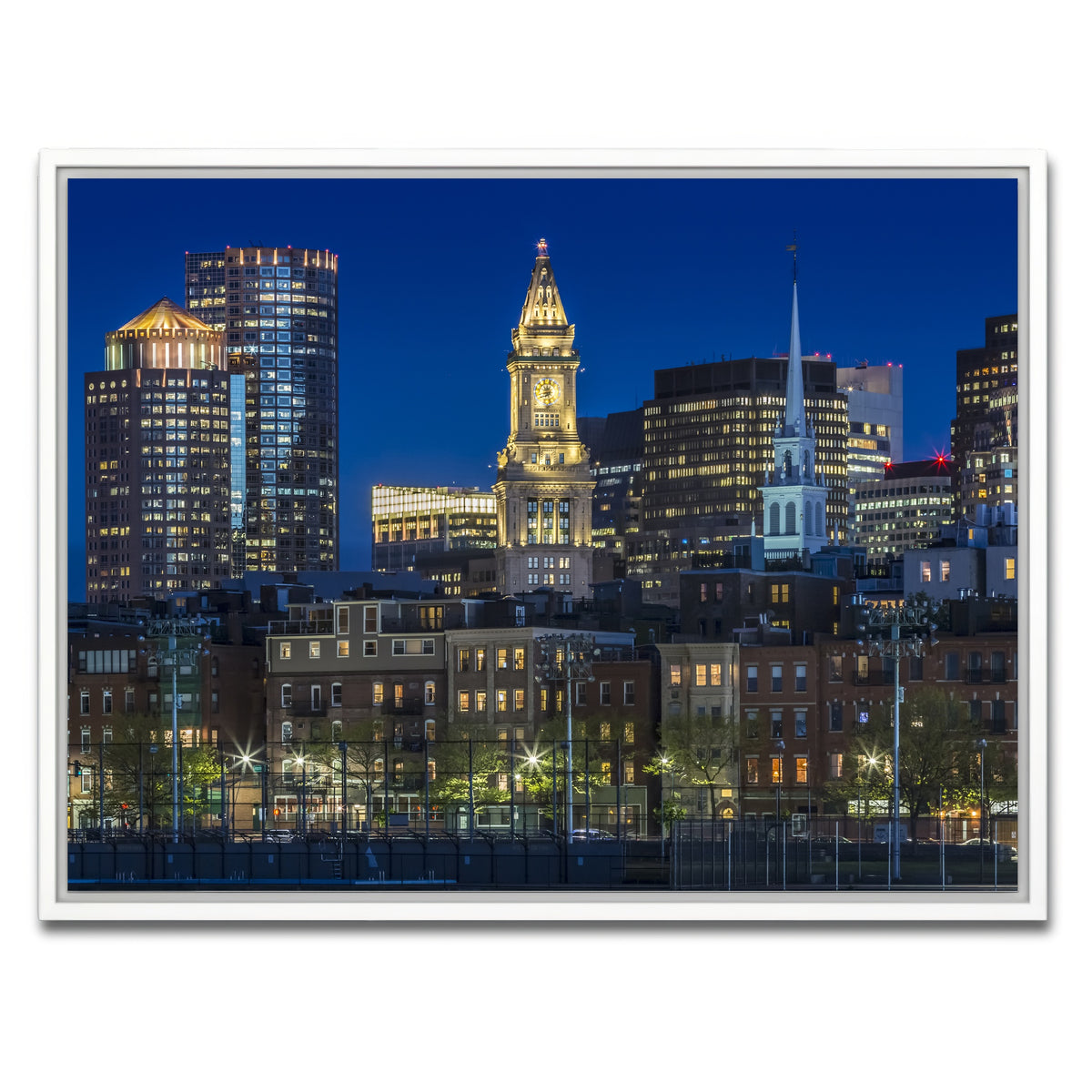 AUTO-MOCKUP WHITE | BOSTON Evening Skyline of North End & Financial District | 1 Piece | White Framed Canvas | group=4x3