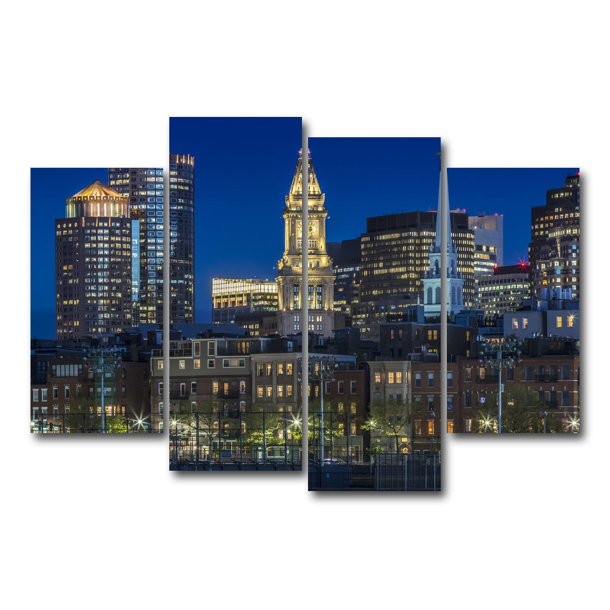 AUTO-MOCKUP WHITE | BOSTON Evening Skyline of North End & Financial District | 4 Piece | Gallery Wrap Canvas | group=4_short