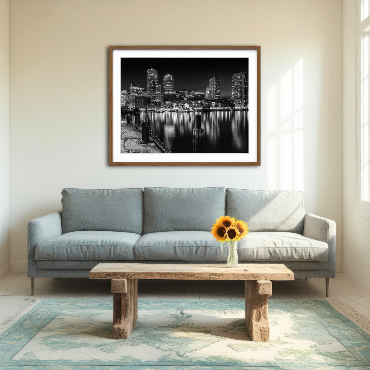 AUTO-MOCKUP ROOM | Boston Monochrome Skyline Night Wall Art