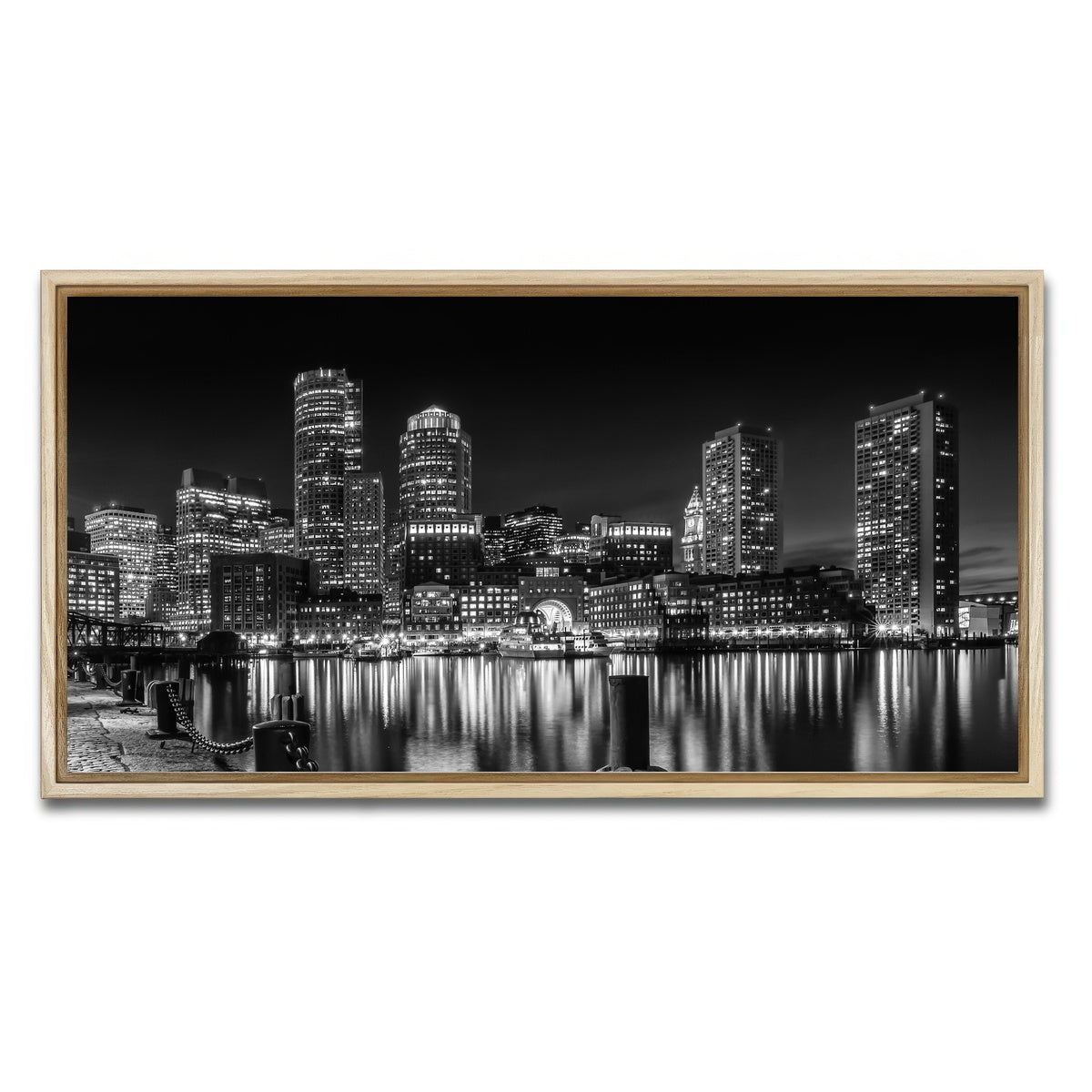 AUTO-MOCKUP WHITE | BOSTON Monochrome Skyline Night | 1 Piece | Natural Framed Canvas | group=2x1